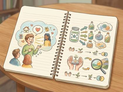 ノートに描かれた、人々の交流と自然の成長・環境保全に関するイラスト。