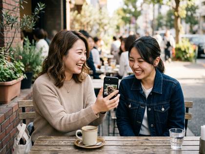 屋外カフェで、スマホに映る犬の写真を見て笑い合う2人の女性。