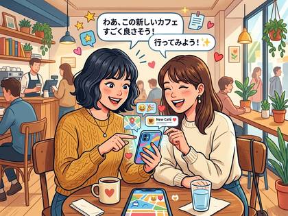 カフェでスマホを見ながら、新しいカフェに行こうと楽しそうに話す女性二人。