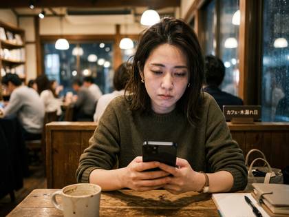 カフェでスマートフォンを見る女性。