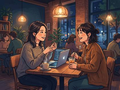 夜のカフェでノートPCを前に談笑する2人の女性。