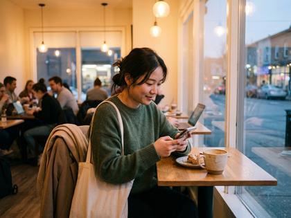 仕事帰りの女性がスマホを眺めているカフェのシーン