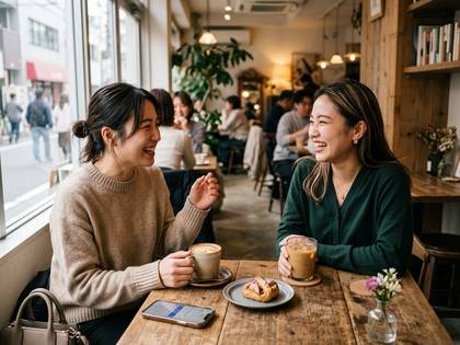 カフェで笑顔で談笑する女性二人。