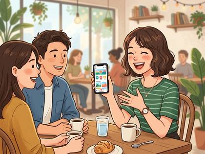 カフェで友人がスマホ画面を見せ、笑顔で楽しむ様子。