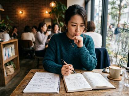 カフェでノートに書き込み、思案している女性。