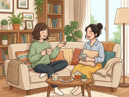 リビングのソファで、2人の女性がコーヒーを飲みながら楽しく会話するイラスト。