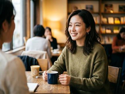 カフェで笑顔で会話を楽しむ二人の女性。
