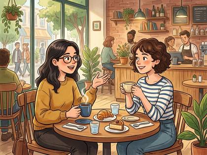カフェでお茶と軽食を楽しみながら談笑する2人の女性。