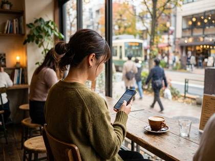 カフェの窓際でスマホを操作する女性と街の風景。