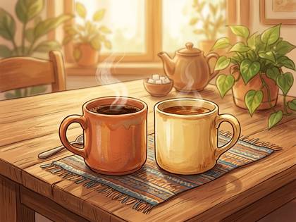 暖かい日差しの中、湯気を立てるコーヒーカップ2つとティーポットが並ぶテーブルの風景。
