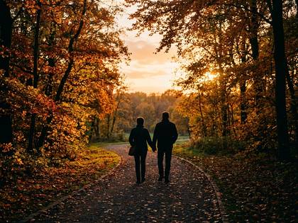 紅葉の森を夕焼けの中、手をつないで歩く男女。
