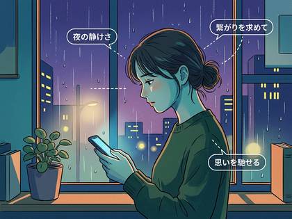 雨の夜、窓辺でスマホを見つめる女性。静けさの中で繋がりを求め、思いを馳せる様子。