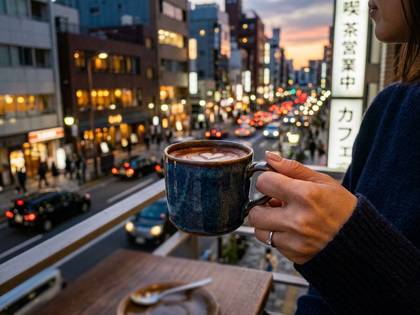 日本の夕暮れの街並みを背景に、女性がラテアートのカップを持つ。