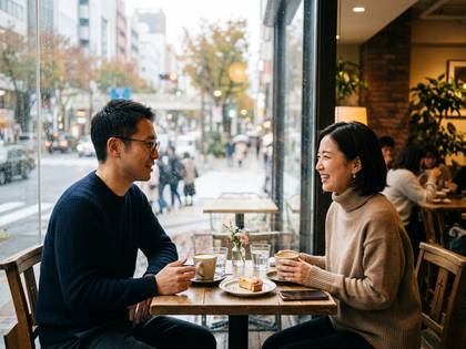 カフェの窓際で向かい合い、笑顔で会話を楽しむ男女。