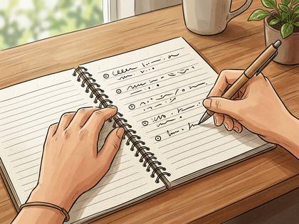 ノートにペンでリストを書き込む手元のイラスト。