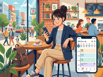 開放的なカフェでスマホのスケジュールを確認する女性。