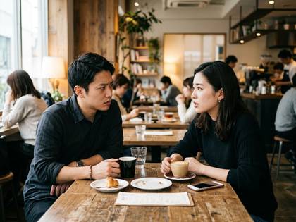 カフェで向かい合って話す男女。