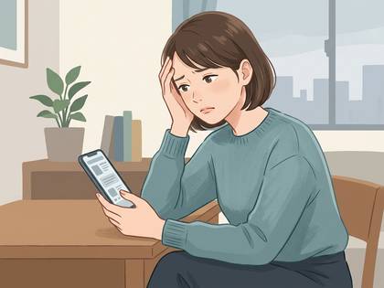 心配そうに額に手を当て、スマートフォンを見る女性のイラスト。