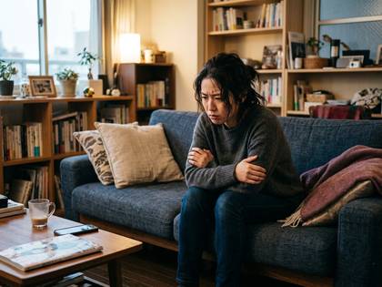 ソファに座り、腕を組み、悲しげな表情でうつむく女性。