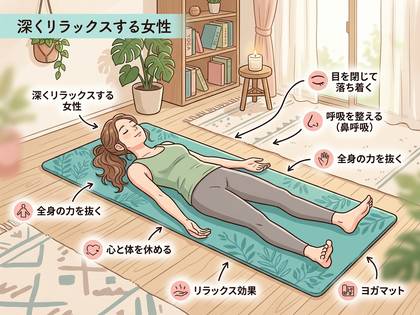 ヨガマットの上で深くリラックスしている女性。