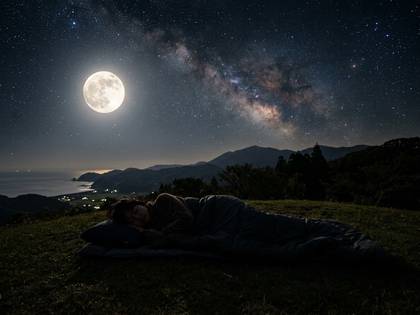 満月と天の川が輝く夜空の下、丘の上で寝袋に包まって眠る人。