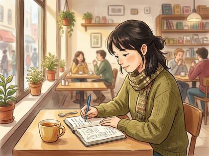 カフェで、女性がコーヒーを飲みながらノートに書き込むイラスト。