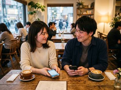 カフェで向かい合い、スマホを見ながら笑顔で話す若い男女。