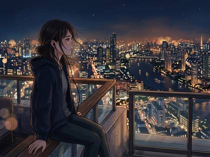 夜景のバルコニーで、イヤホンを着けて座る女性のアニメイラスト。