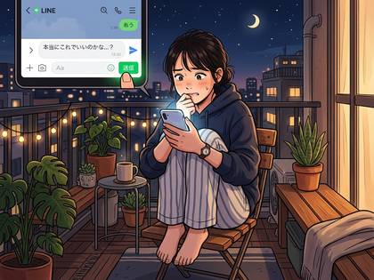 夜のベランダでLINEを操作する女性。メッセージ送信を迷い、不安な表情。