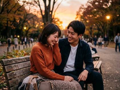 夕暮れの公園のベンチで、楽しそうに笑い合う若いカップル。