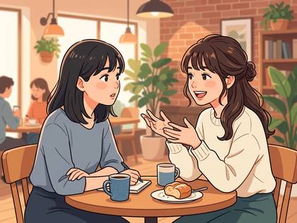 カフェで向かい合い、一人はノートに記入しながら話す二人の女性。
