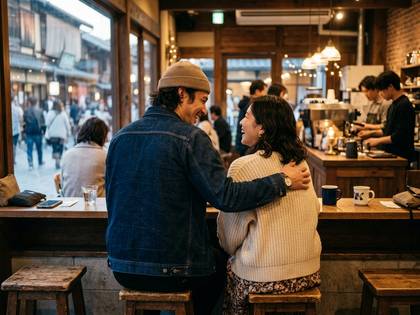 カフェのカウンターで寄り添い笑顔で話す男女。