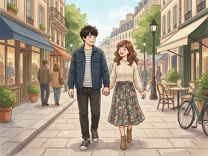 笑顔で手をつなぎ、おしゃれなヨーロッパの街並みを散歩するカップル。