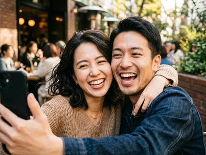 笑顔で自撮りをするアジア系の若い男女カップル。