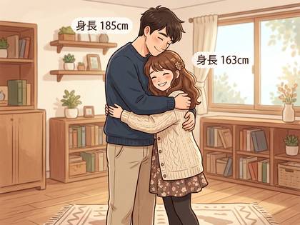 笑顔で抱き合う身長差カップルのイラスト(男性185cm、女性163cm)。