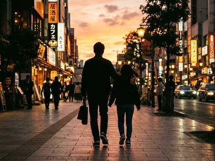 夕暮れの日本の繁華街を歩く二人のシルエット。