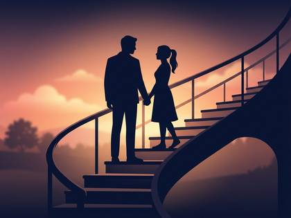 夕焼け空の下、手を取り合い階段に立つ男女のシルエット。