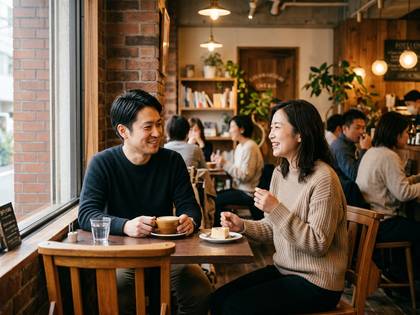 カフェでコーヒーやケーキを囲み、笑顔で談笑する男女。