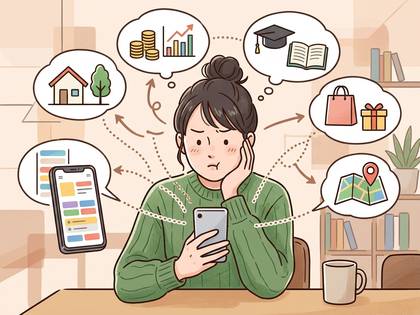 スマホで家、お金、教育、旅行など人生計画を考える女性。