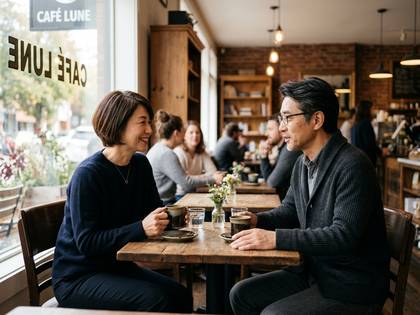 カフェのテーブルで笑顔で向かい合う男女。