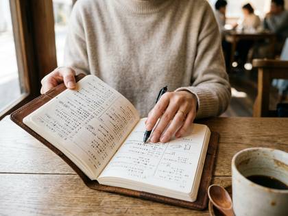 手帳にペンで書き込む人の手元。