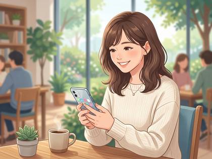 カフェでスマホを操作する笑顔の女性のアニメイラスト。