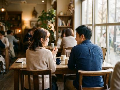 カフェのテーブルで会話する男女。