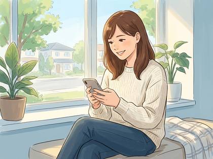 窓辺でスマートフォンを操作し微笑む女性。観葉植物と街並み。