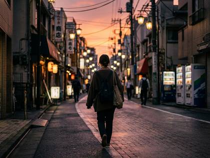 夕焼け空の下、日本の街並みを歩く女性の後ろ姿。