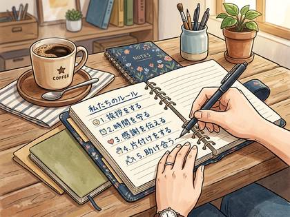 木製の机で手がペンを使い、ノートに日本語のルールを書き込んでいる。