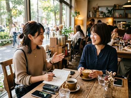 カフェでコーヒーを飲みながら笑顔で談笑する女性二人。