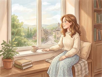 窓辺で村の景色を眺める女性。本や植物のある穏やかな窓際。