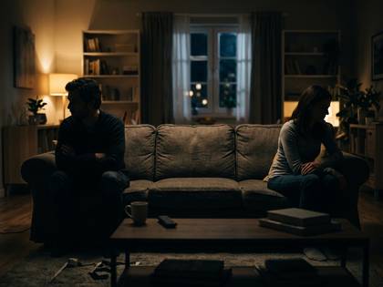 ソファに背を向け座る男女。夫婦間の緊張と沈黙。