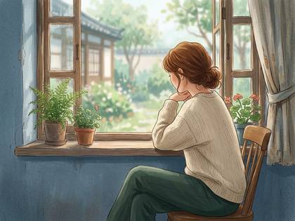窓辺に座り、鉢植え越しに緑豊かな庭を眺める女性のイラスト。